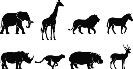 African Safari Animal Silhouette Vector Set Isolated on White Background for Wildlife Design © It's Bishaaaaaal
