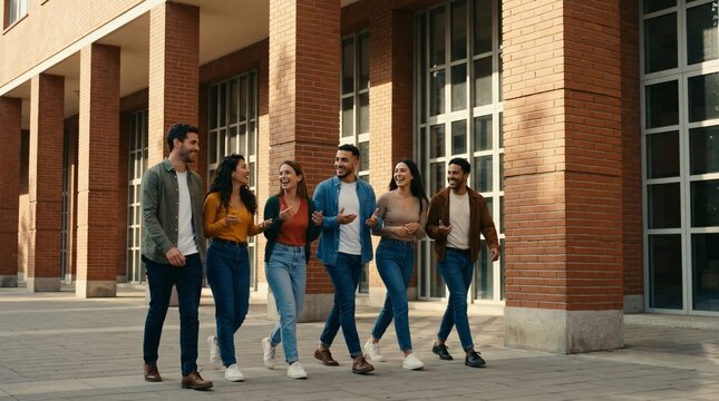 Groupe d'&eacute;tudiants multiculturels marchant et riant ensemble sur un campus universitaire en briques, ambiance rentr&eacute;e scolaire et camaraderie.