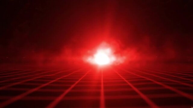 Abstract red digital grid landscape with glowing light source