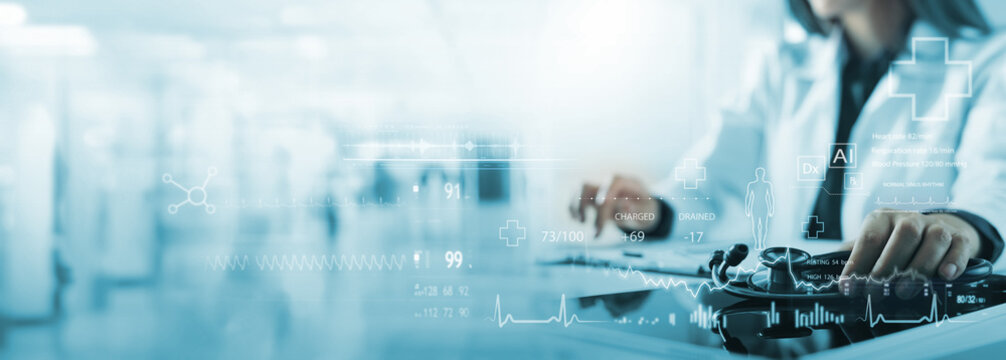 Virtual hospital and telemedicine concept. Medical technology, doctor working on laptop with AI smart health icons, digital healthcare futuristic health service, medical background