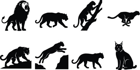 Wild Big Cats Silhouette Vector Set Isolated on White Background for Wildlife Logo Design © Rezoara
