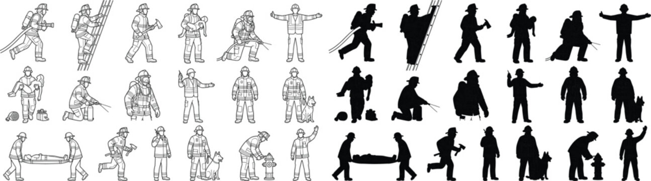 Firefighters in action poses shown in outline and silhouette vector illustration set