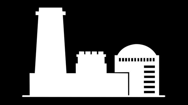 Minimalist nuclear power plant animation on black background energy