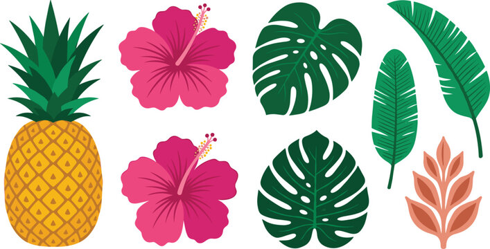 Tropical Jungle Botanical Icon Set Featuring Pineapple Pink Hibiscus Flower Monstera Palm and Banana Leaves for Summer Vacation and Party Graphic Designs