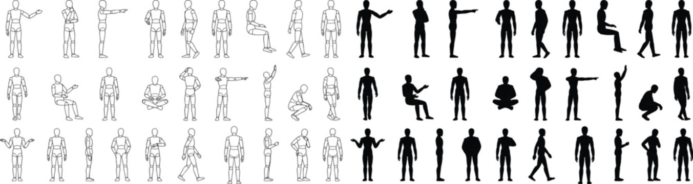 Human Body Dummy Poses Set with Line Art and Silhouette Views Vector Illustration