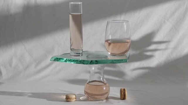 Glassware set holds pink liquid with small cookies arranged on a soft white cloth surface under natural bright sunlight that casts long shadows across the scene to create a minimalist modern.