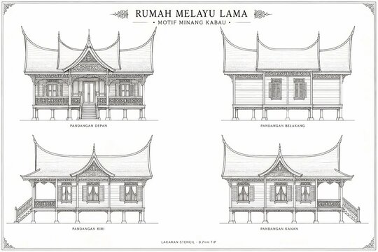 Traditional Minangkabau Rumah Gadang House Architectural Drawing