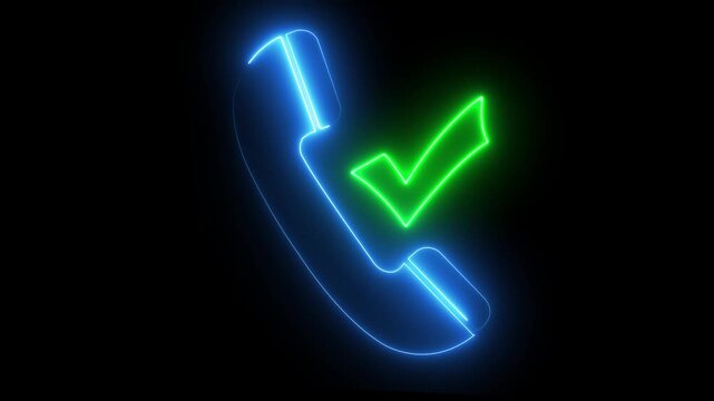 Neon glowing telephone with animated green checkmark for customer support and success concepts