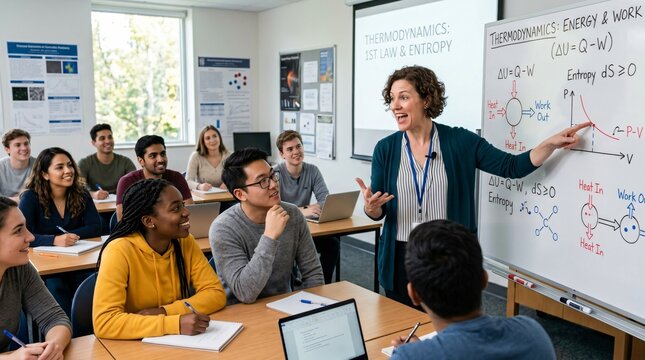 Professeure d'universit&eacute; expliquant un cours de thermodynamique sur tableau blanc &agrave; des &eacute;tudiants attentifs, concept de rentr&eacute;e scolaire et enseignement STEM.