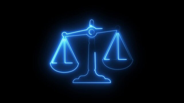Glowing neon scales of justice animation for legal and law concepts