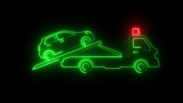 Neon tow truck loading car animation, glowing roadside assistance automotive service for emergency transport on black background .4k video animation