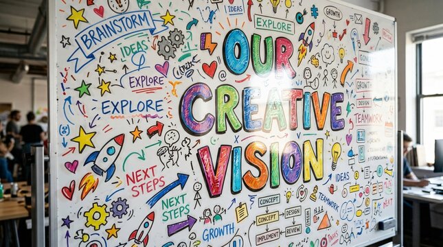 Tableau blanc color&eacute; illustrant la vision cr&eacute;ative, id&eacute;es et projets pour la rentr&eacute;e scolaire, planification p&eacute;dagogique interactive et travail d'&eacute;quipe.