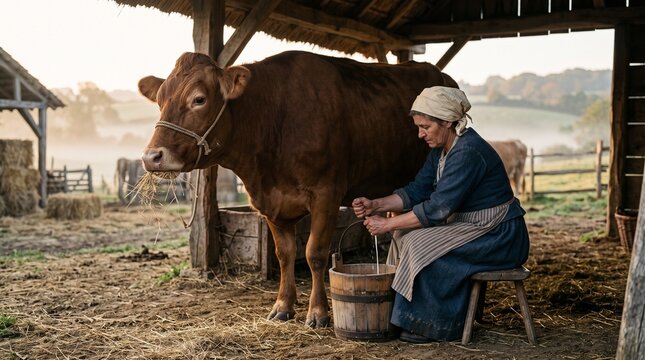 A village woman is milking a cow by hand.