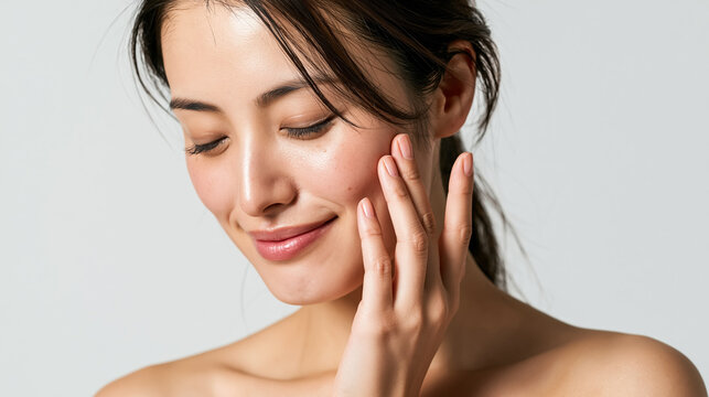 Smiling Young Woman Touching Healthy Glowing Skin for Natural Beauty Concept