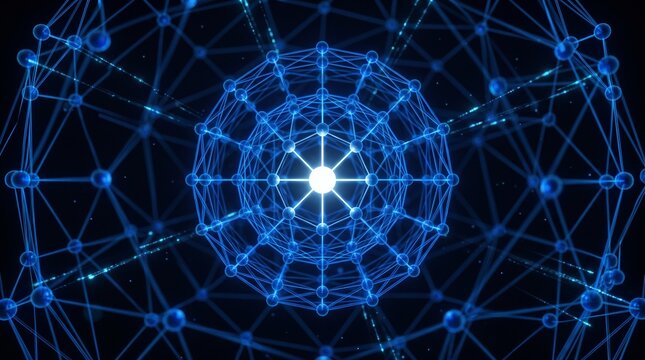 Abstract Cyber Security Network Mesh with Glowing Central Node and Interconnected Blue Data Spheres