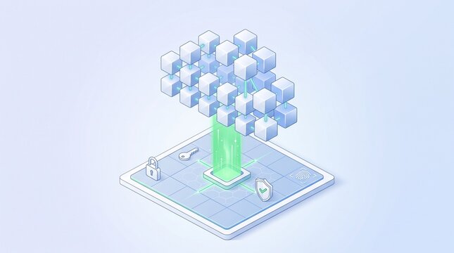 Isometric Cloud Computing Security Concept with Cube Cloud Structure, Data Transfer Beam, and Security Icons