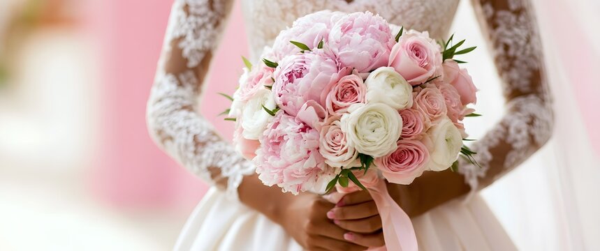 Noiva Elegante Vestindo Vestido de Renda Branca Segurando um Buqu&ecirc; de Flores em Tons Pastel de Pe&ocirc;nias e Rosas