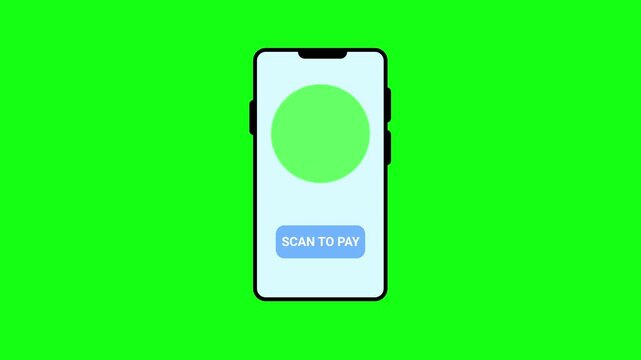 Animated smartphone scanning QR code to pay with checkmark success loop on green screen background for mobile payment, e-wallet, and fintech asset.