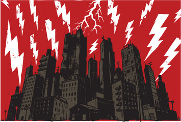Grunge vector illustration of a city skyline silhouette during a powerful lightning storm with electric strikes hitting skyscrapers lightning skyscrapers illustration electrical striking © DewiNurina