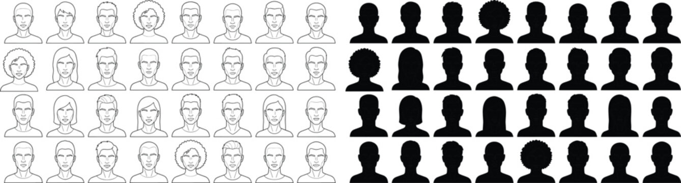 Diverse People Headshot Portraits Set with Line Art and Silhouette Views Vector Illustration