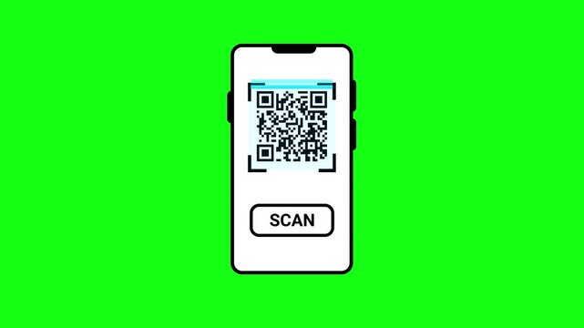 Animated smartphone scanning QR code with checkmark success loop on green screen background for digital payment, verification, and app UI asset.