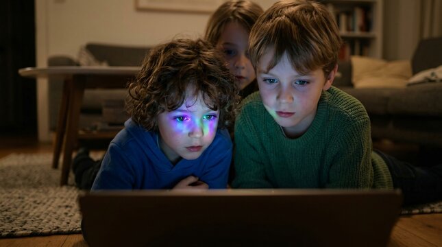 Trois enfants concentr&eacute;s devant un &eacute;cran d'ordinateur &agrave; la maison, devoirs scolaires, apprentissage num&eacute;rique et technologie, ambiance rentr&eacute;e scolaire.