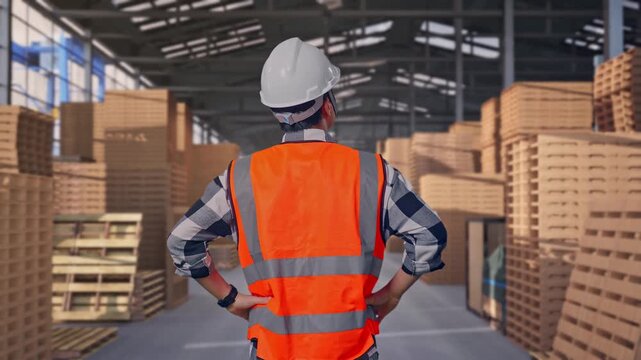 Back View Of A Male Engineer Wearing Safety Helmet Looking Around While Standing With Arms Akimbo with Stacked Wooden Pallets