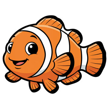 Clownfish Cartoon: A cute and cheerful cartoon illustration of an orange clownfish with white stripes, smiling happily.