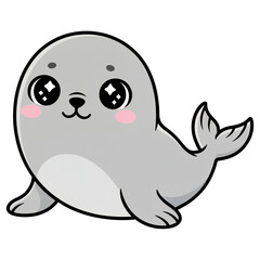 Fototapeta premium Cute Seal Illustration: A whimsical cartoon illustration of a baby seal with large, sparkling eyes and rosy cheeks, striking a playful pose.