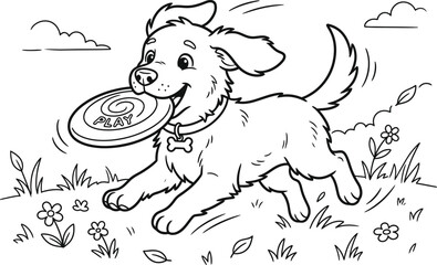 Cartoon puppy running with flying disc in field coloring page