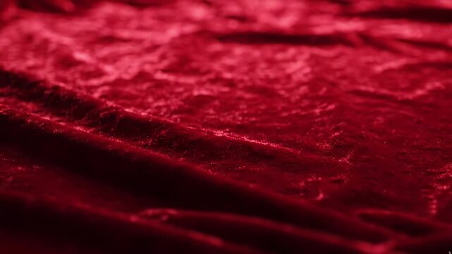 Closeup of luxurious red velvet fabric with deep folds and shimmering texture