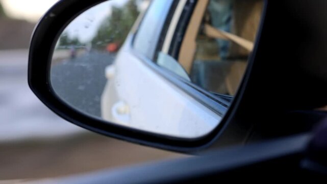Majestic view of view of Passing Traffic and Road in Car Side View Mirror 180fps Captured in Cinematic High Detail Footage