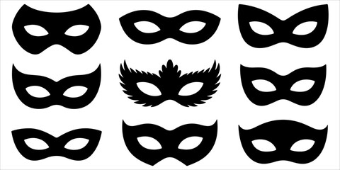 superhero and masquerade mask silhouettes featuring multiple eye mask styles and full face designs, isolated on white background, minimalist vector icons for costume, comic and disguise concepts. © Lutfunnaher