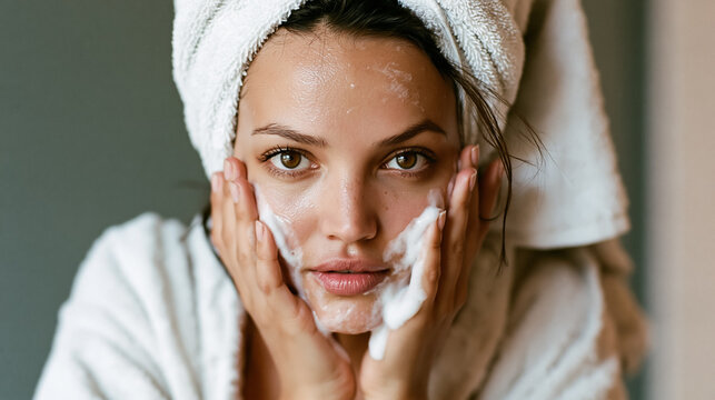 Young Woman Washing Face with Facial Cleanser During Daily Skincare Routine