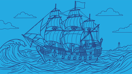 Historical wooden sailing ship navigating large ocean waves near lighthouse © Prokash