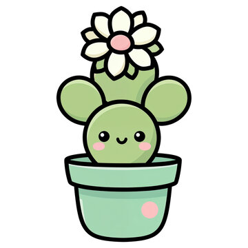 Cute Cactus Character: A charming, cartoon-style cactus in a pot, with a sweet smiley face and a blooming flower, radiating a sense of kawaii and cheerful simplicity.