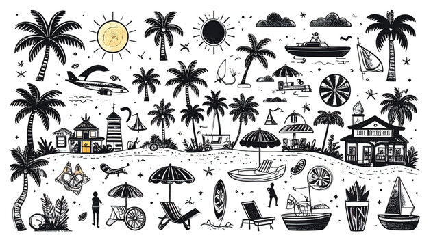 Whimsical Tropical Island Scene with Palm Trees, Beach Hut, and Kites