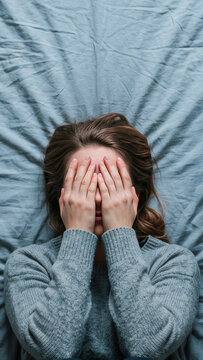 Top-Down Portrait of Woman Reflecting With Hands Over Face.