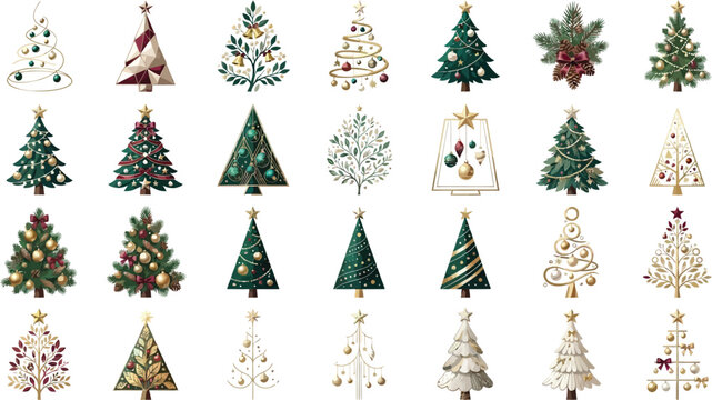 A curated collection of festive Christmas trees with various designs, ornaments, and decorative elements in elegant illustrations for commercial use