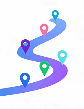 A graphic illustration of a curved path with multiple colorful location markers, used for navigation, mapping, and route planning purposes.