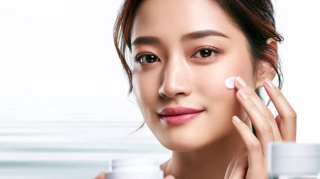 Asian Woman Holding Cream Jar Applying Moisturizer to Cheek