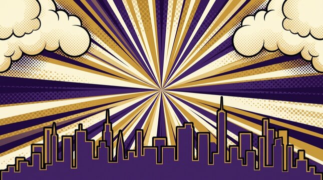 Retro-inspired purple skyline with vibrant golden burst rays and dramatic clouds. Excellent for event promotions, creative branding, social media, and presentation backgrounds.