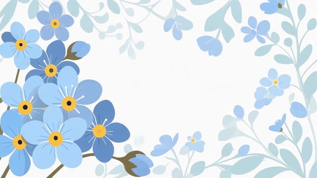 Blue forget-me-not flowers frame. Floral border background with delicate spring blossoms.
