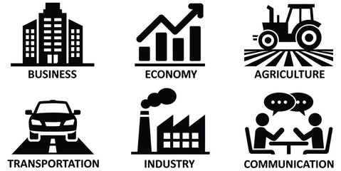 Fototapeta premium Business development icon vector featuring agriculture, transportation, industry, communication, logistics, and corporate management symbols for economic growth.