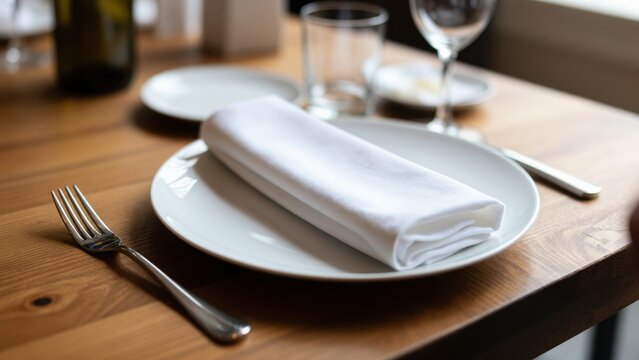 Elegant Dining Setting: A white plate adorned with a neatly folded napkin sits on a rustic wooden table, ready for a fine dining experience, complete with silverware and a wine glass.