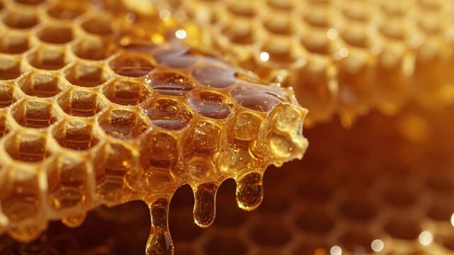 Golden honeycomb dripping with honey