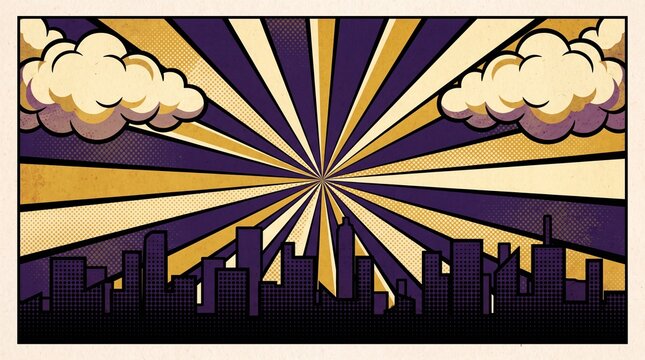 Elegant purple and gold skyline with dramatic vintage radial rays and soft clouds. Perfect for posters, branding, business presentations, and creative marketing materials.