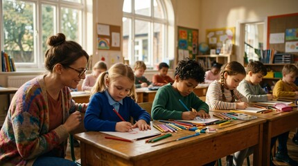 Fototapeta premium Enseignante aidant une jeune élève à dessiner en classe primaire lors de la rentrée scolaire, enfants concentrés sur leurs bureaux avec des crayons.