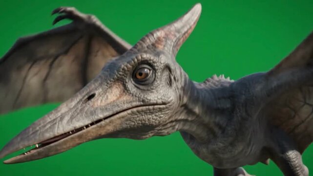 Pterosaur soaring in green screen background, prehistoric flying reptile with detailed wings, 3D animation dinosaur ancient airborne flight extinct