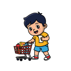 Cute Boy Pushing Shopping Cart Illustration